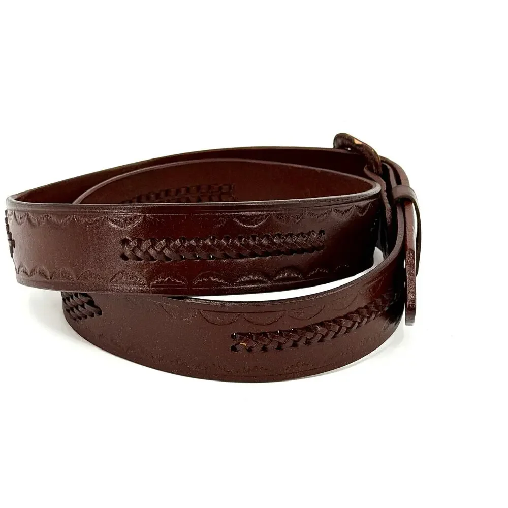 Vintage 80s Brown Genuine Leather Tooled Basketweave Western Belt